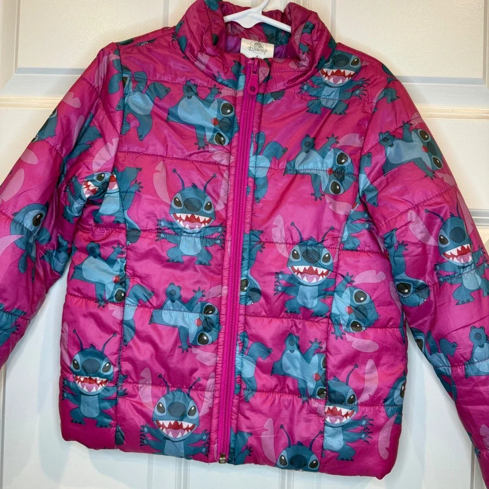 Kids Disney Stitch‎ Puffer Jacket Hooded Pink Teal Cartoon Size 4